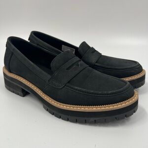 TOMS Cara Penny Loafer Womens Size 9 Black Suede Leather Lug Sole